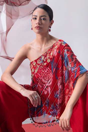 Vesture_Red Crepe, Chiffon, Lurex One Shoulder Dhadak Print Top With Sharara _at_Aza_Fashions