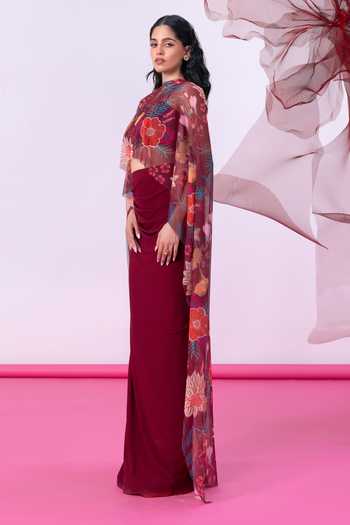 Buy_Vesture_Maroon Lycra, Mesh Off-shoulder Gulnaar Print Cape And Slit Skirt Set _Online_at_Aza_Fashions