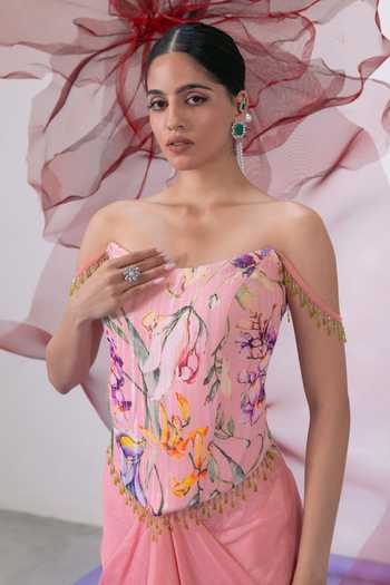 Buy_Vesture_Peach Crepe, Chiffon, Lurex Sweetheart Gulnaar Print Corset And Draped Skirt Set _Online_at_Aza_Fashions
