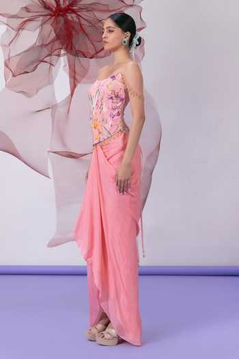 Shop_Vesture_Peach Crepe, Chiffon, Lurex Sweetheart Gulnaar Print Corset And Draped Skirt Set _Online_at_Aza_Fashions