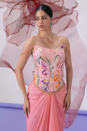 Vesture_Peach Crepe, Chiffon, Lurex Sweetheart Gulnaar Print Corset And Draped Skirt Set _at_Aza_Fashions