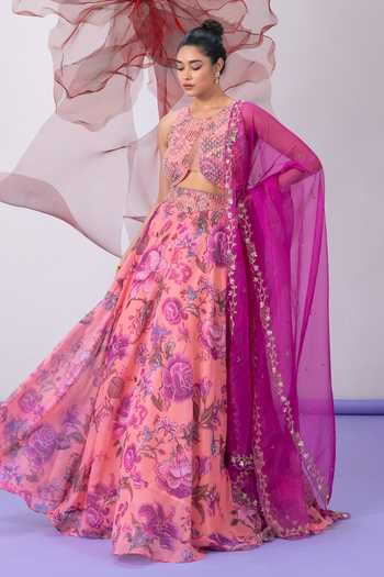 Shop_Vesture_Pink Organza Round Neck Haseena Printed Lehenga Set _Online_at_Aza_Fashions