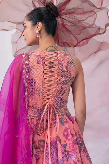 Vesture_Pink Organza Round Neck Haseena Printed Lehenga Set _at_Aza_Fashions