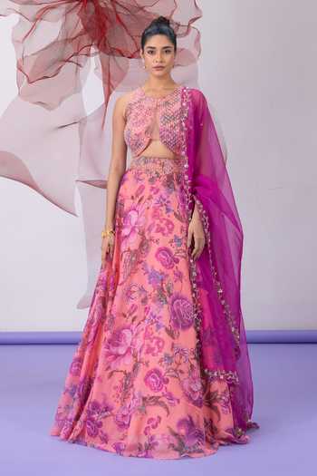Buy_Vesture_Pink Organza Round Neck Haseena Printed Lehenga Set 