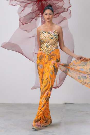 Buy_Vesture_Yellow Mesh, Lycra Sequins, Beads, Stones Sweetheart Husn Printed Skirt Set  _Online_at_Aza_Fashions