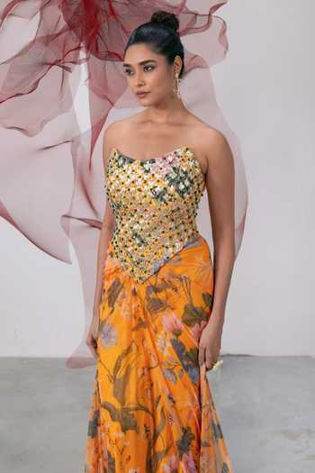 Shop_Vesture_Yellow Mesh, Lycra Sequins, Beads, Stones Sweetheart Husn Printed Skirt Set  _Online_at_Aza_Fashions
