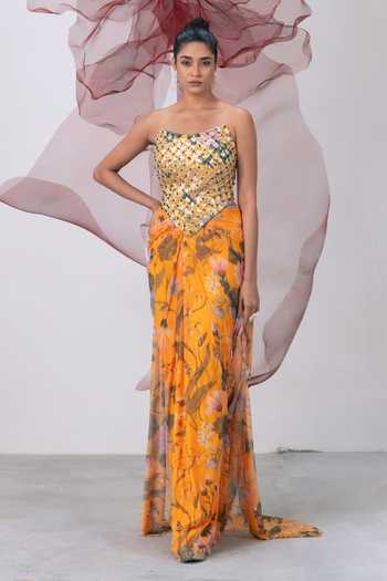 Vesture_Yellow Mesh, Lycra Sequins, Beads, Stones Sweetheart Husn Printed Skirt Set  _at_Aza_Fashions