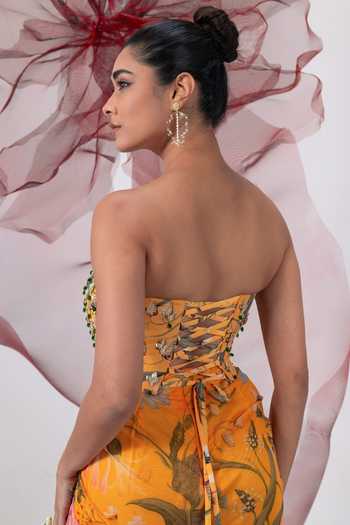 Buy_Vesture_Yellow Mesh, Lycra Sequins, Beads, Stones Sweetheart Husn Printed Skirt Set  