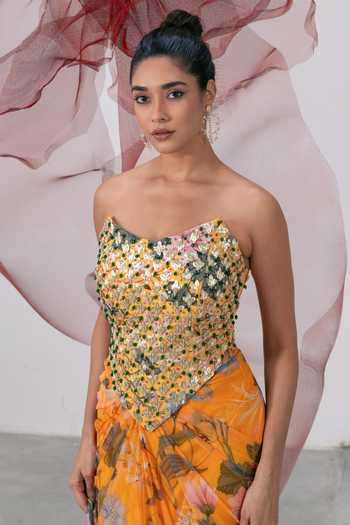 Shop_Vesture_Yellow Mesh, Lycra Sequins, Beads, Stones Sweetheart Husn Printed Skirt Set  