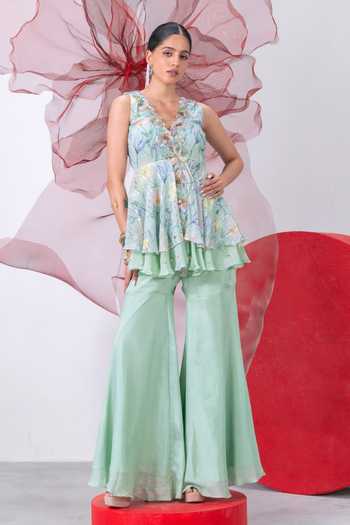 Buy_Vesture_Green Crepe, Chiffon, Lurex V-neck Inayat Print Peplum Top And Sharara Set _Online_at_Aza_Fashions