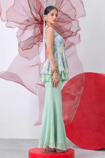 Shop_Vesture_Green Crepe, Chiffon, Lurex V-neck Inayat Print Peplum Top And Sharara Set _Online_at_Aza_Fashions
