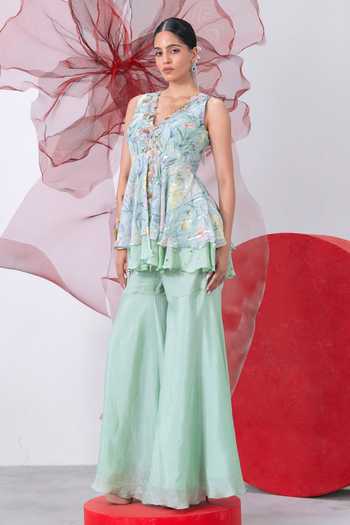 Vesture_Green Crepe, Chiffon, Lurex V-neck Inayat Print Peplum Top And Sharara Set _at_Aza_Fashions