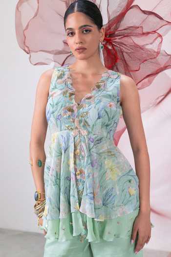 Buy_Vesture_Green Crepe, Chiffon, Lurex V-neck Inayat Print Peplum Top And Sharara Set 