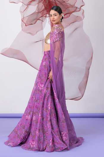 Vesture_Purple Organza Sweetheart Neck Jalwa Printed Lehenga Set With Cape _Online_at_Aza_Fashions