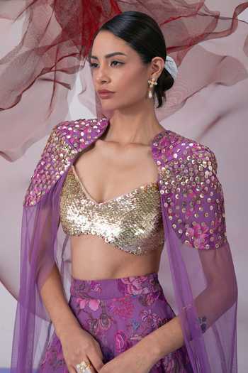 Buy_Vesture_Purple Organza Sweetheart Neck Jalwa Printed Lehenga Set With Cape _Online_at_Aza_Fashions