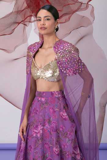 Shop_Vesture_Purple Organza Sweetheart Neck Jalwa Printed Lehenga Set With Cape _Online_at_Aza_Fashions