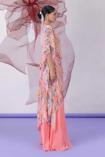 Buy_Vesture_Peach Crepe, Chiffon, Lurex One Shoulder Jugni Print Kaftan And Sharara Set _Online_at_Aza_Fashions