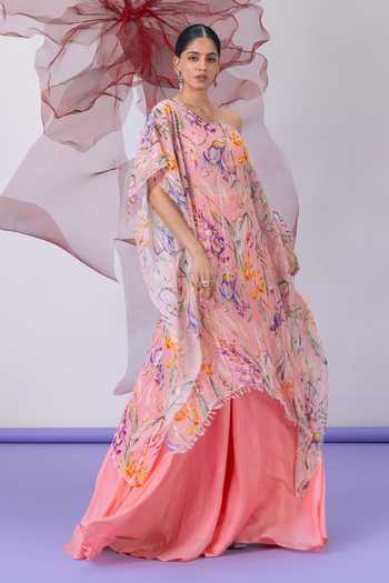 Shop_Vesture_Peach Crepe, Chiffon, Lurex One Shoulder Jugni Print Kaftan And Sharara Set _Online_at_Aza_Fashions