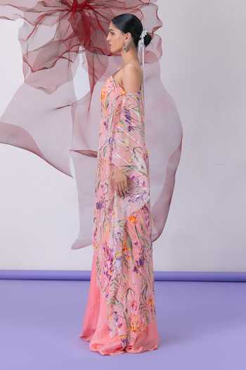 Vesture_Peach Crepe, Chiffon, Lurex One Shoulder Jugni Print Kaftan And Sharara Set _at_Aza_Fashions