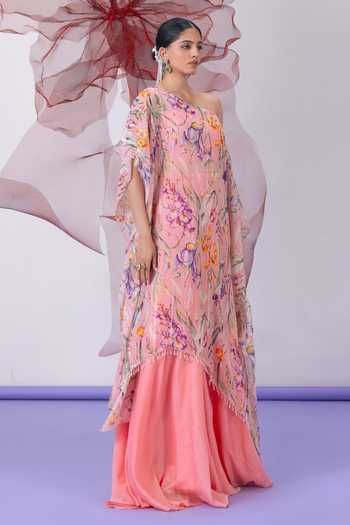 Buy_Vesture_Peach Crepe, Chiffon, Lurex One Shoulder Jugni Print Kaftan And Sharara Set 