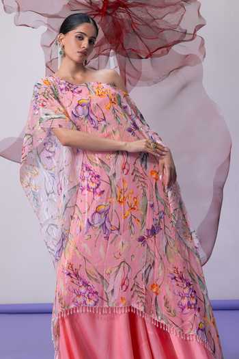 Shop_Vesture_Peach Crepe, Chiffon, Lurex One Shoulder Jugni Print Kaftan And Sharara Set 
