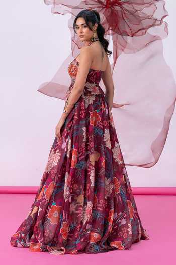 Buy_Vesture_Maroon Organza Halter Neck Jugnu Print Lehenga And Embroidered Corset Set _Online_at_Aza_Fashions
