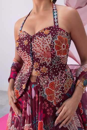 Shop_Vesture_Maroon Organza Halter Neck Jugnu Print Lehenga And Embroidered Corset Set _Online_at_Aza_Fashions