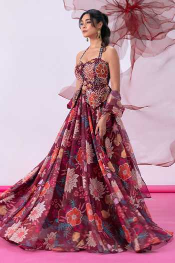 Buy_Vesture_Maroon Organza Halter Neck Jugnu Print Lehenga And Embroidered Corset Set 