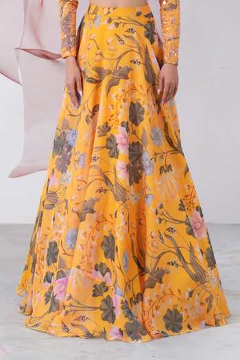 Buy_Vesture_Yellow Organza Round Neck Mastani Printed Skirt And Embroidered Blouse Set _Online_at_Aza_Fashions