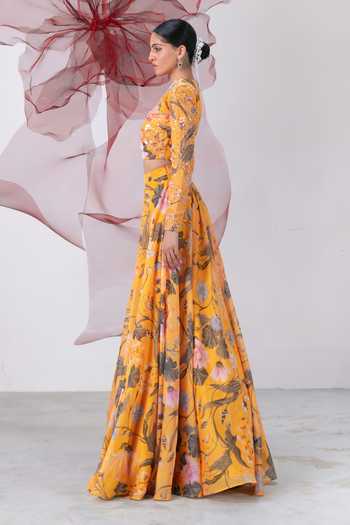 Shop_Vesture_Yellow Organza Round Neck Mastani Printed Skirt And Embroidered Blouse Set _Online_at_Aza_Fashions