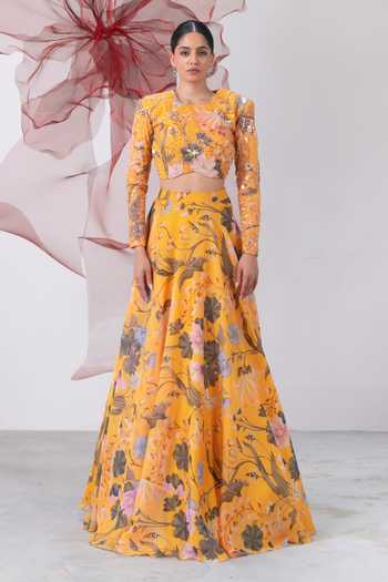 Vesture_Yellow Organza Round Neck Mastani Printed Skirt And Embroidered Blouse Set _at_Aza_Fashions