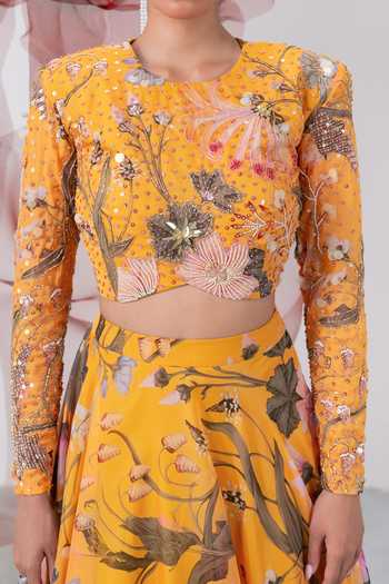 Buy_Vesture_Yellow Organza Round Neck Mastani Printed Skirt And Embroidered Blouse Set 
