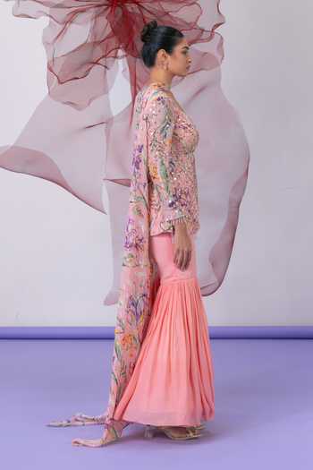 Buy_Vesture_Peach Organza, Crepe Square Neck Mehbooba Embroidered Kurta Sharara Set _Online_at_Aza_Fashions