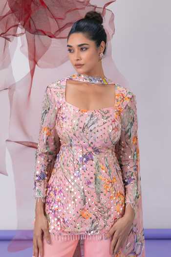Shop_Vesture_Peach Organza, Crepe Square Neck Mehbooba Embroidered Kurta Sharara Set _Online_at_Aza_Fashions