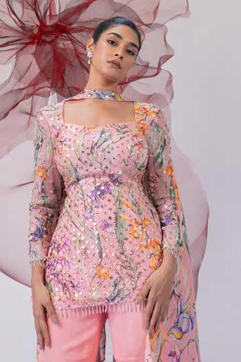 Buy_Vesture_Peach Organza, Crepe Square Neck Mehbooba Embroidered Kurta Sharara Set 