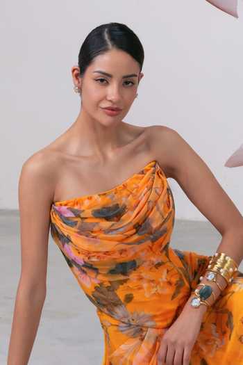Buy_Vesture_Yellow Lycra, Mesh Bandeau Neck Naaz Print Corset And Draped Skirt Set _Online_at_Aza_Fashions