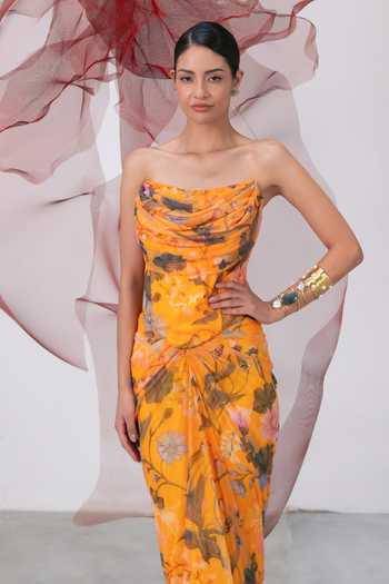 Shop_Vesture_Yellow Lycra, Mesh Bandeau Neck Naaz Print Corset And Draped Skirt Set _Online_at_Aza_Fashions