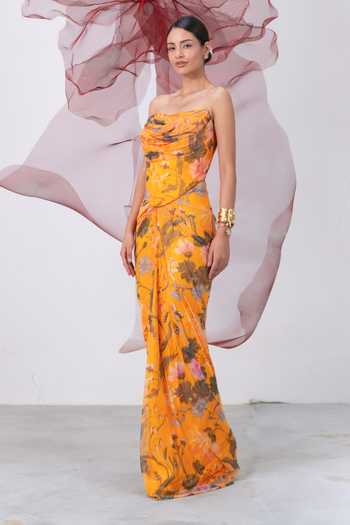 Buy_Vesture_Yellow Lycra, Mesh Bandeau Neck Naaz Print Corset And Draped Skirt Set 