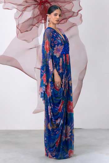 Buy_Vesture_Blue Lycra, Mesh V-neck Nigaah Print Kaftan Dress _Online_at_Aza_Fashions
