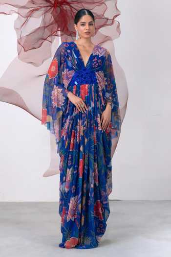 Shop_Vesture_Blue Lycra, Mesh V-neck Nigaah Print Kaftan Dress _Online_at_Aza_Fashions