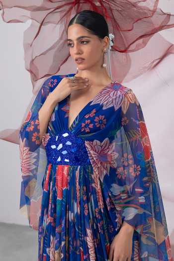 Vesture_Blue Lycra, Mesh V-neck Nigaah Print Kaftan Dress _at_Aza_Fashions