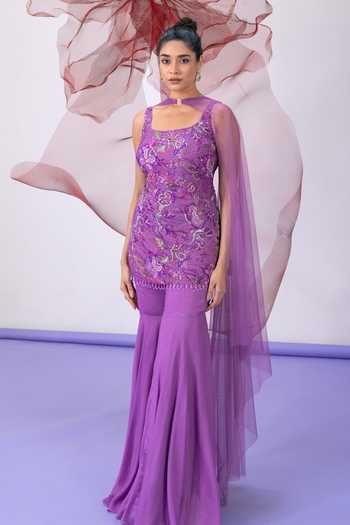 Vesture_Purple Organza, Crepe Square Neck Pakeezha Embroidered Kurta Sharara Set _Online_at_Aza_Fashions