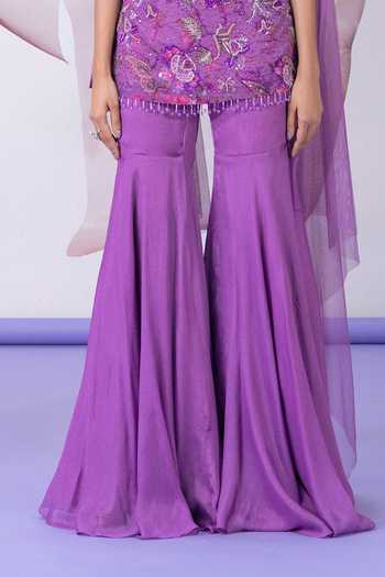 Buy_Vesture_Purple Organza, Crepe Square Neck Pakeezha Embroidered Kurta Sharara Set _Online_at_Aza_Fashions