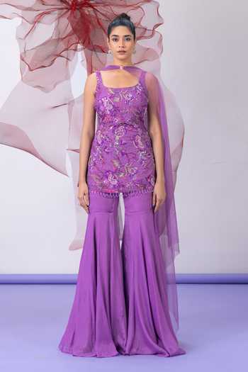 Shop_Vesture_Purple Organza, Crepe Square Neck Pakeezha Embroidered Kurta Sharara Set _Online_at_Aza_Fashions