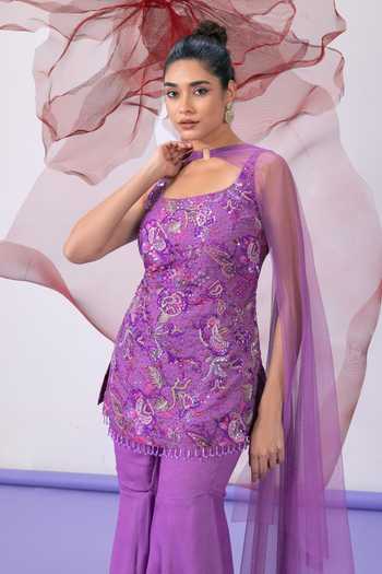 Vesture_Purple Organza, Crepe Square Neck Pakeezha Embroidered Kurta Sharara Set _at_Aza_Fashions