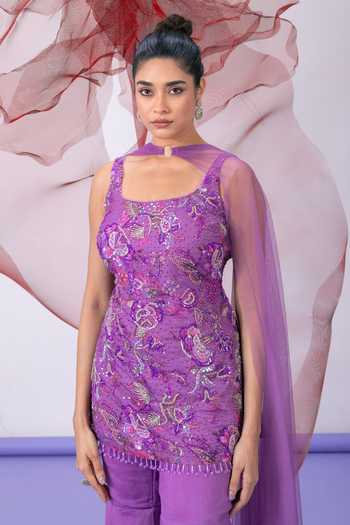 Buy_Vesture_Purple Organza, Crepe Square Neck Pakeezha Embroidered Kurta Sharara Set 