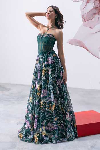 Buy_Vesture_Green Organza Sequins, Beads Patakha Print Skirt Embroidered Corset Set _Online_at_Aza_Fashions