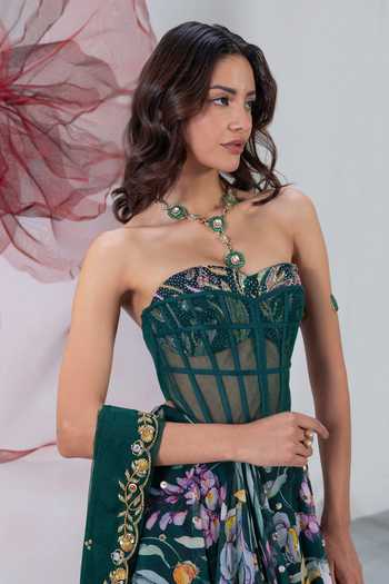 Shop_Vesture_Green Organza Sequins, Beads Patakha Print Skirt Embroidered Corset Set _Online_at_Aza_Fashions