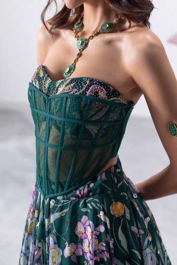Vesture_Green Organza Sequins, Beads Patakha Print Skirt Embroidered Corset Set _at_Aza_Fashions