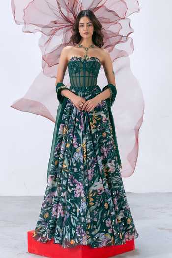 Vesture Patakha Print Skirt Embroidered Corset Set 